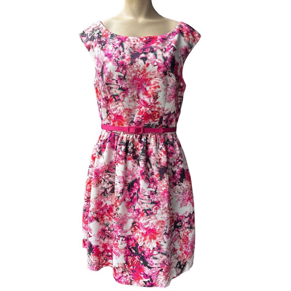 Eliza J Dress Faille Fit Flare Women's Size 10 Flowers Print‎ Belted Pink White